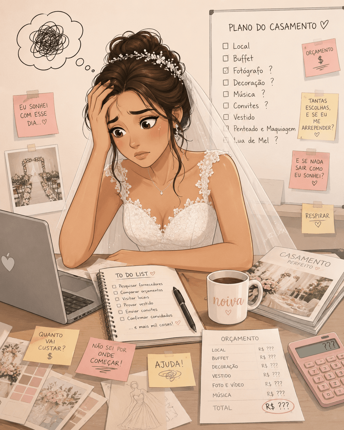 Noiva sobrecarregada com checklist, post-its e to-do list