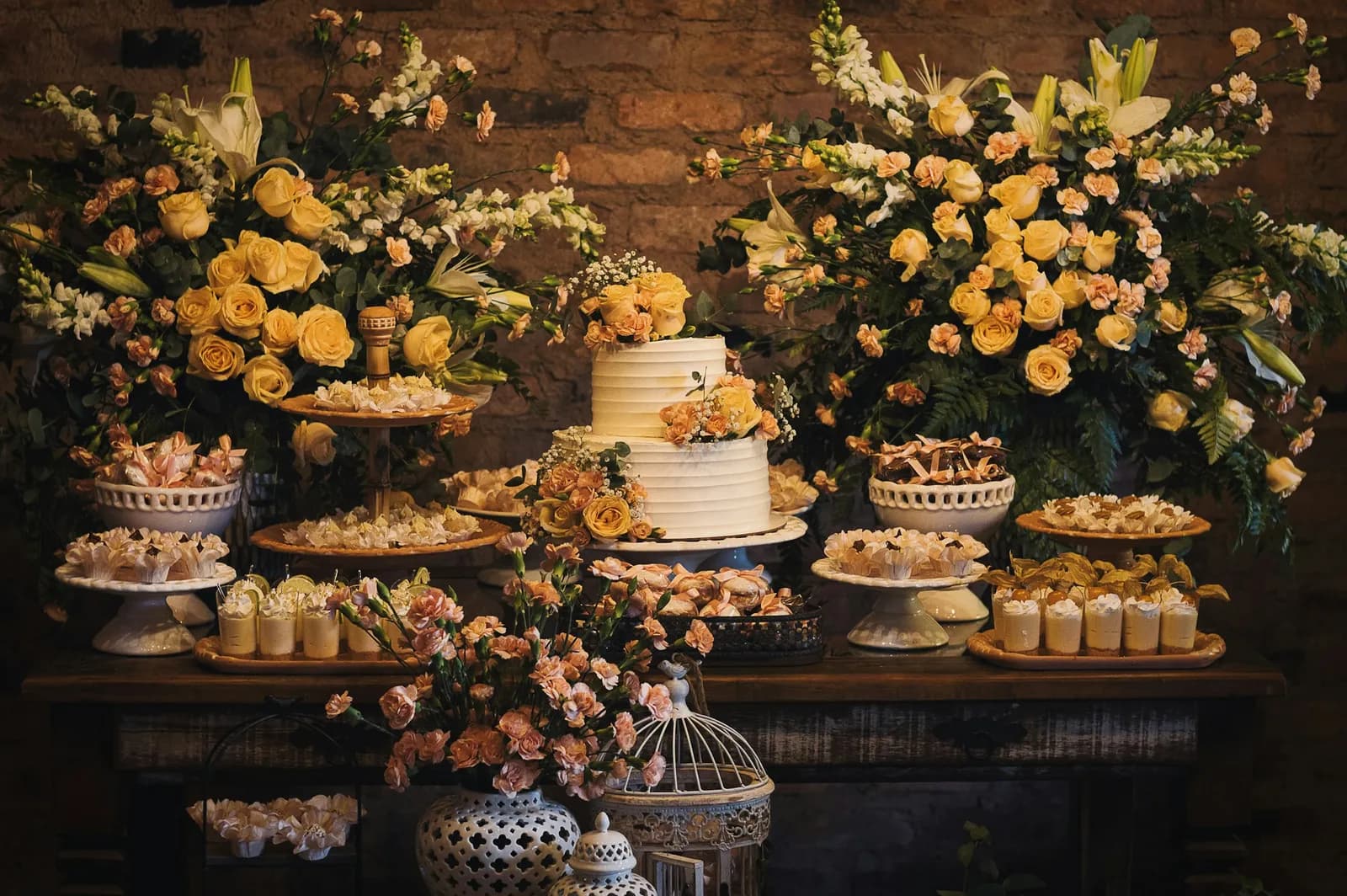 Mesa de doces com bolo e arranjos de flores amarelas