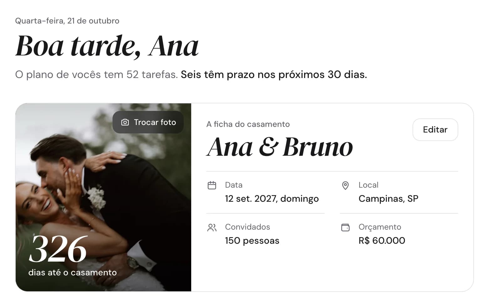 Tela de painel do app, com o casal de exemplo