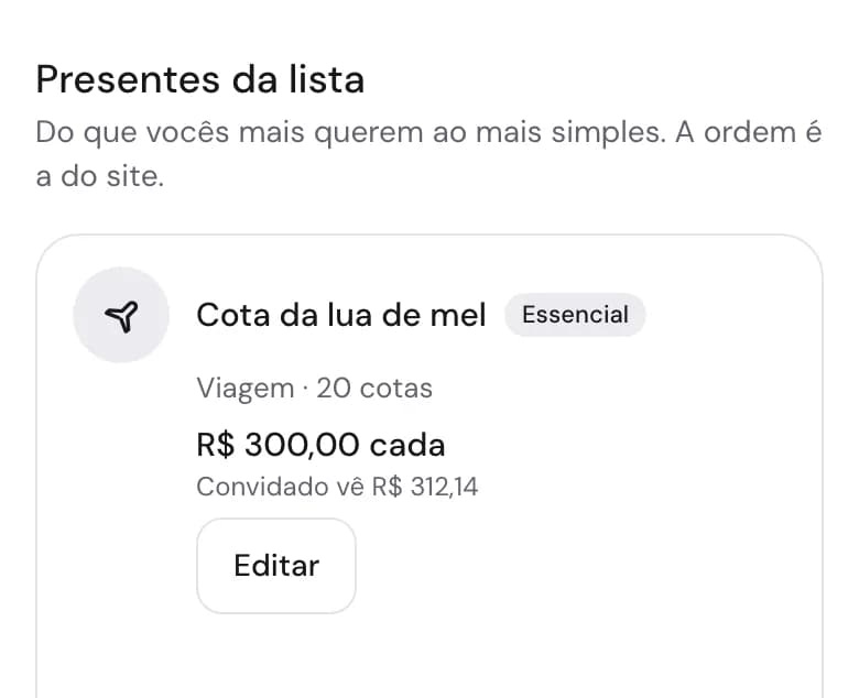 Tela de lista de presentes do app, com o casal de exemplo