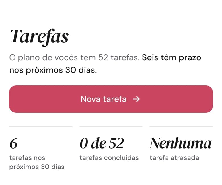 Tela de tarefas do app, com o casal de exemplo