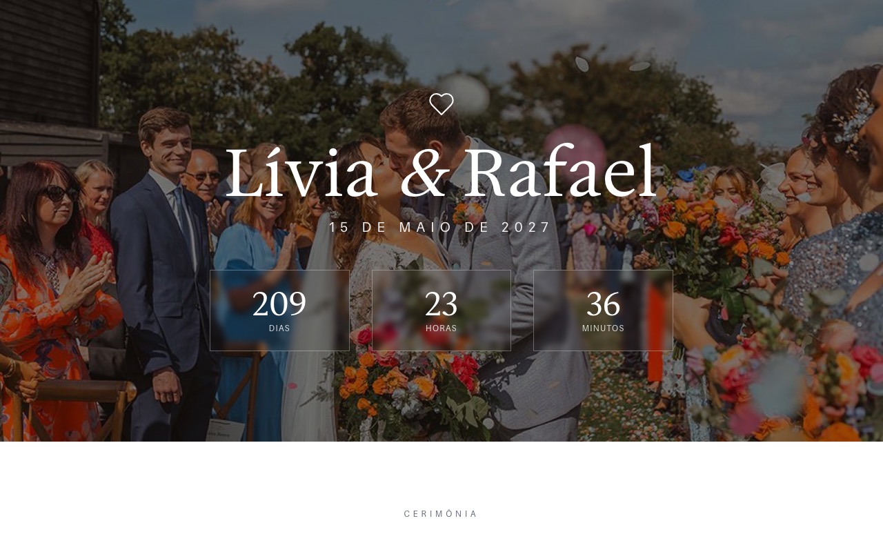 Exemplo de site de casamento de demonstração, com casal fictício